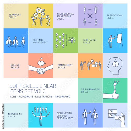 Soft skills linear vector icons and pictograms set 