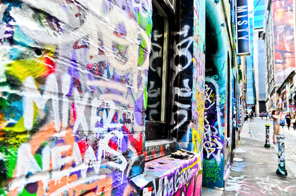 View of colorful graffiti artwork at Hosier Lane in Melbourne