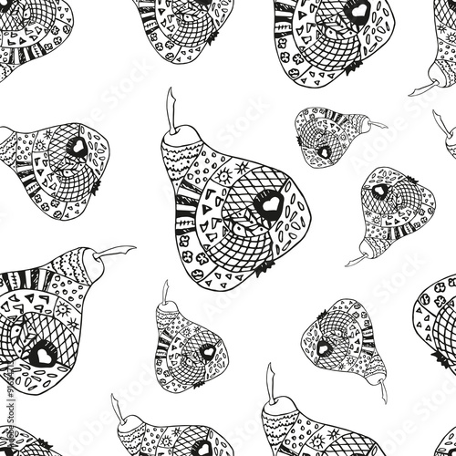 Zentangle pear outline on white background, seamless pattern