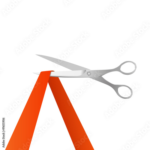 Grand opening invitation with scissors and red ribbon. Vector