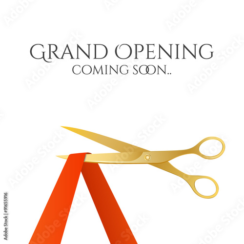 Grand opening invitation with gold scissors and red ribbon. Vector