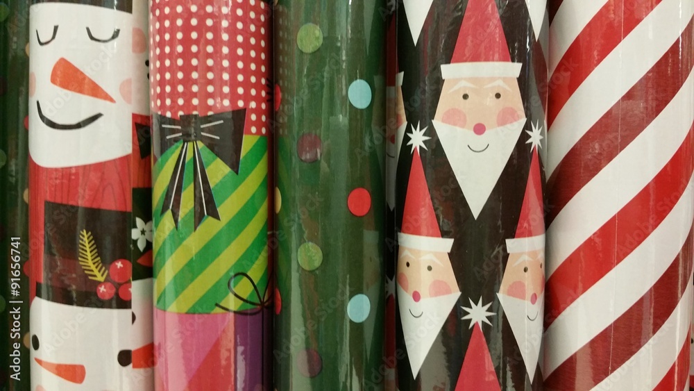 Colorful Christmas wrapping paper rolls