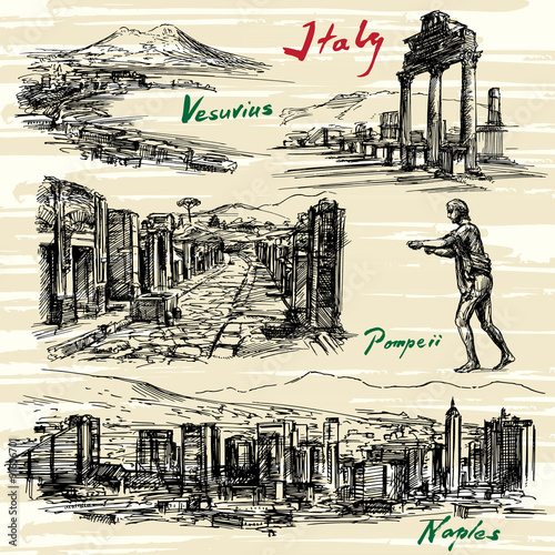 Italy- Naples, Pompeii - hand drawn set