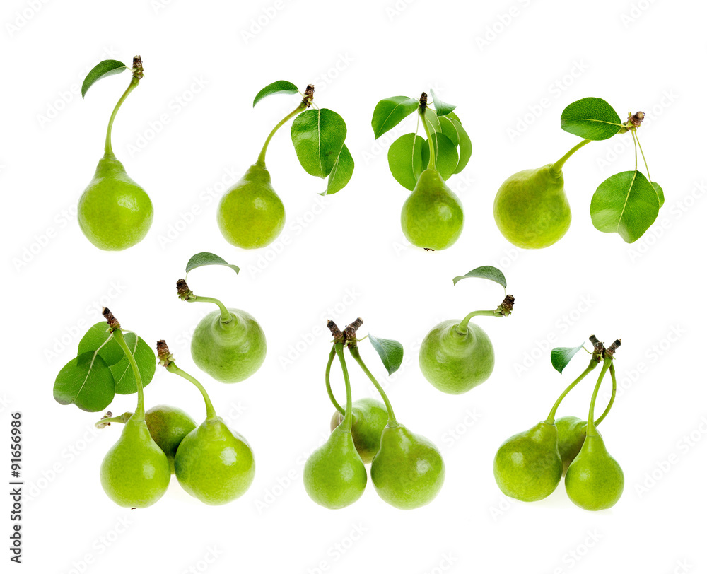 Obraz premium Set green pear with leaves isolated