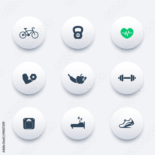 fitness, health, gym icons on circles with shadow, vector illustration