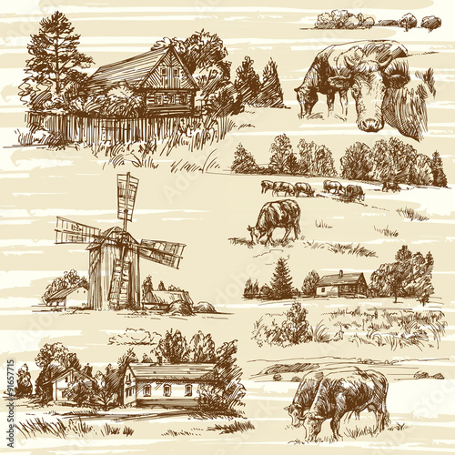 Farm, cows, rural landscape - hand drawn set