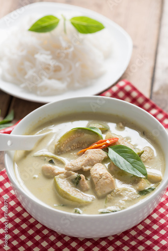 Close up, Green curry chicken with thai rice vermicelli , Thai c