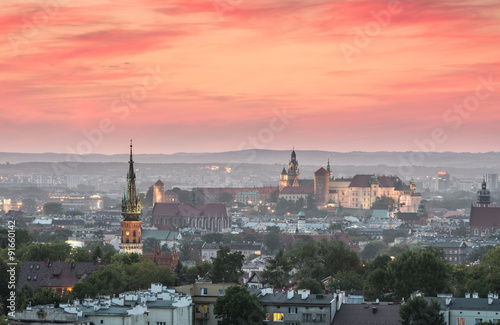 Evening panorama of Krakow old city, Poland, from Krakus Mound