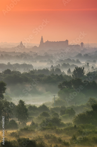 Morning panorama of Krakow old town, Poland, from Bodzow artillery fort