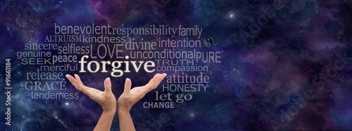 Forgiveness is in your Hands -  Female open palm hands on a wide deep space blue background reaching up to the word Forgive above surrounded by a word cloud and copy space on right side