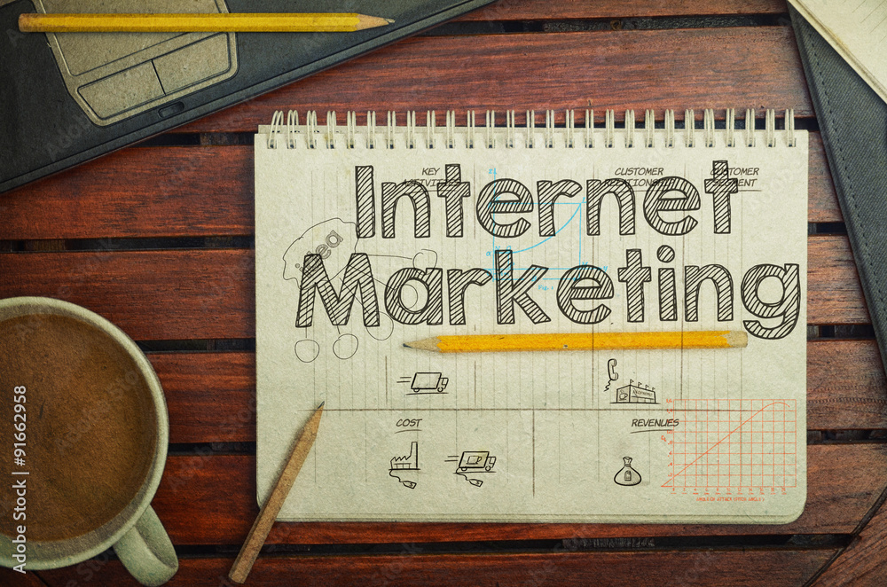 Naklejka premium Notebook with text inside Internet Marketing on table with coffe