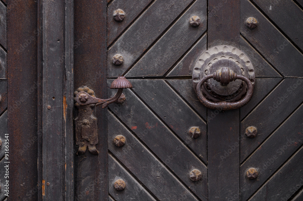 Ancient oak wood door with handle, lock and knocker