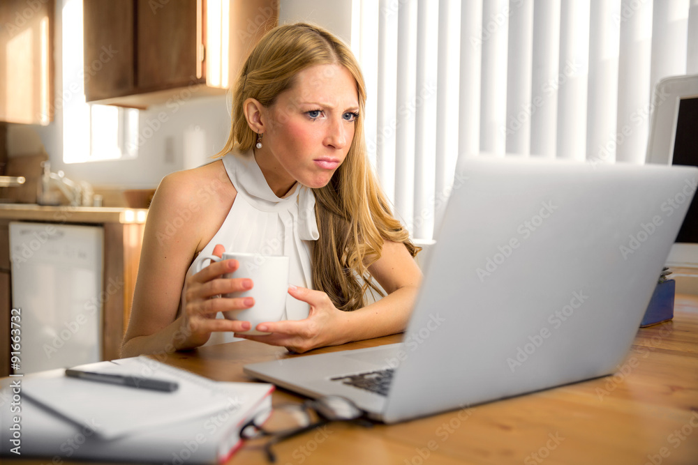 Woman person searching for job unemployed work from home computer morning struggling confused desperate Woman person searching for job unemployed work from home computer morning struggling confused desperate