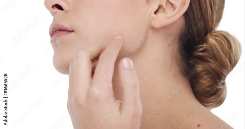 Beauty portrait of woman touching beautiful face in slow motion skincare concept on a white background Beauty portrait of woman touching beautiful face in slow motion skincare concept on a white background