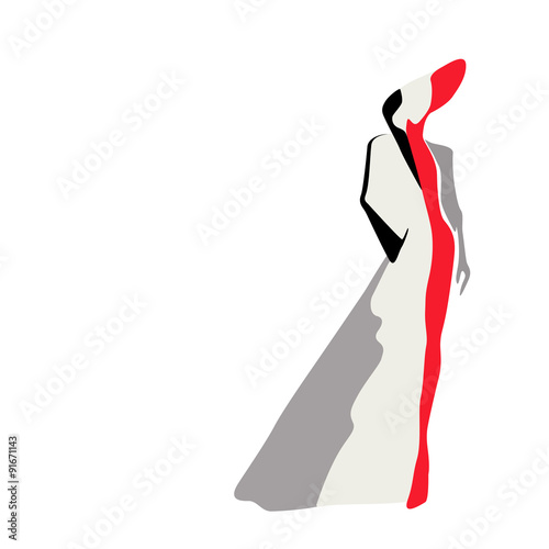 Abstract sketch of the model in a coat (white, red, black) and a hat, fashion, logo, Isolated on white background