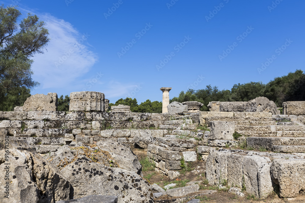 Ancient ruins of the temple Zeus, Olympia archeological site Pel