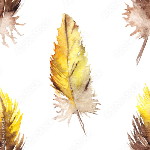 Watercolor yellow brown parrot feather isolated pattern background