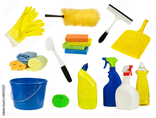 Collection of household cleaning supplies  isolated on white