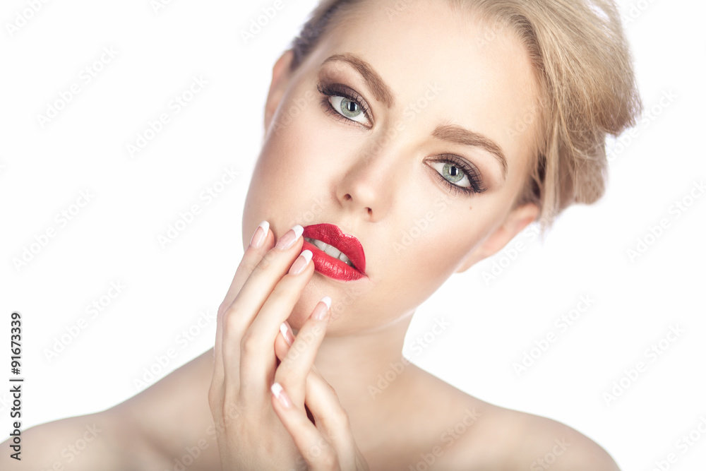 close up studio portrait of blonde woman isolated on white close up studio portrait of blonde woman isolated on white