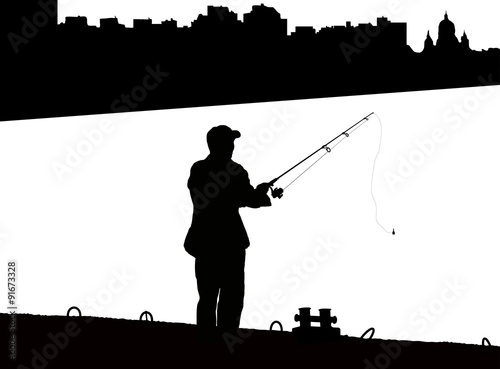 Silhouette of fisherman with fishing rod on pier fishing on background of night city black and white