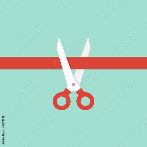 Scissors cutting red ribbon. Illustration in flat style photo