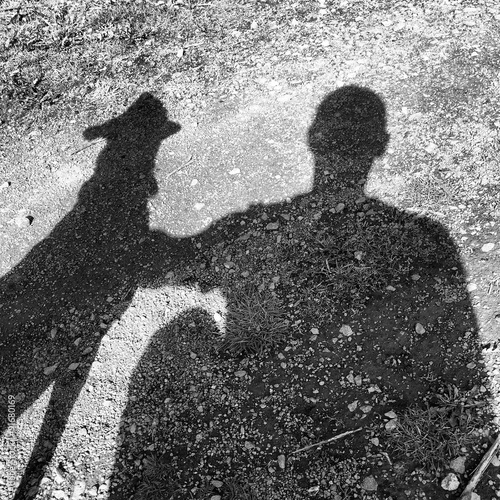 Man and his dog cast silhouttes whilst bonding