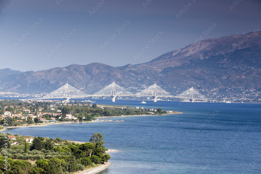 Suspension bridge crossing Corinth Gulf strait, Greece. Is the w