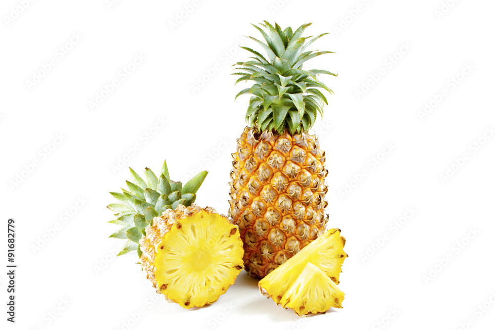 Pineapple with slices on white background. Pineapple with slices on white background.