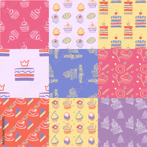 Set of seamless patterns, cakes, sweets, cupcakes.