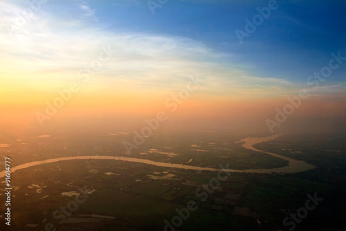 Aerial view of Ping River across paddy field  Chiang Mai  Thaila