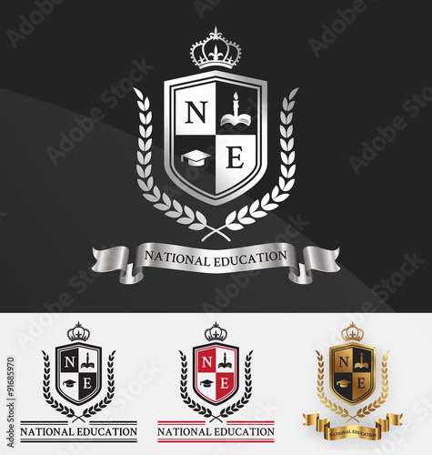 Shield and wreath laurel with crown crest logo design. Suitable for student academy, learning center, real estate, hotel, resort, official and service. Vector illustration photo