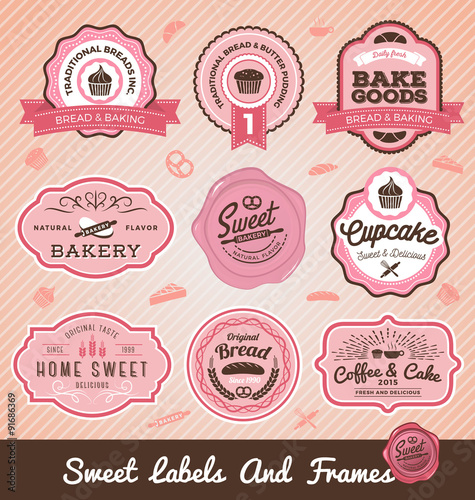 Set of sweet bakery and bread labels design for sweets shop, bakery shop, cake shop, restaurant, bake shop. Vector illustration. All types used free commercial font.