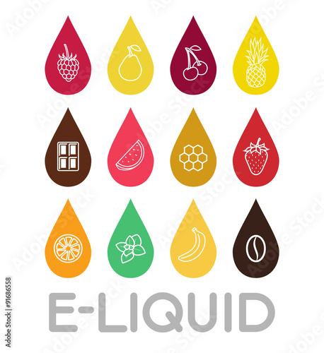  Icons of  E-Liquid. Vector E-Liquid illustration of different flavor. Liquid to vape