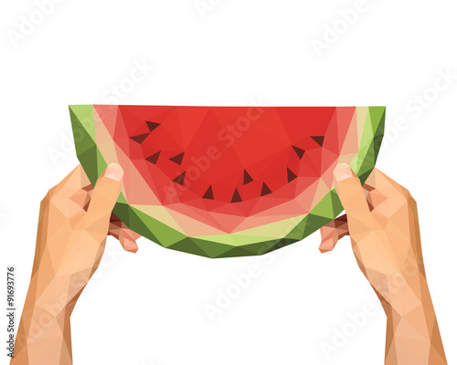 polygonal hands to keep low poly slice of watermelon on a white