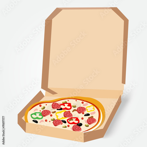 appetizing pizza in a cardboard box 