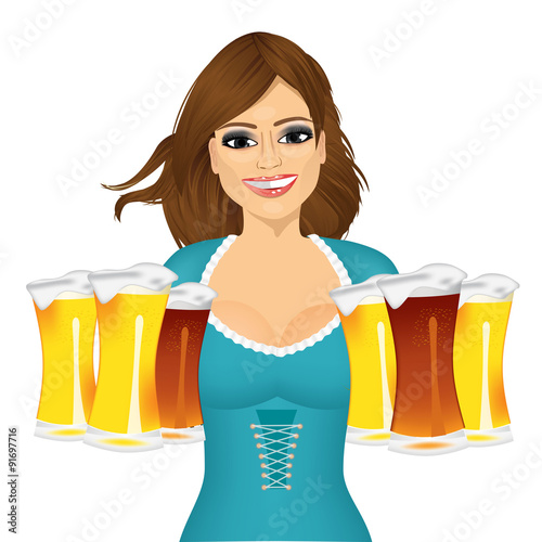 woman with six froth beer mugs