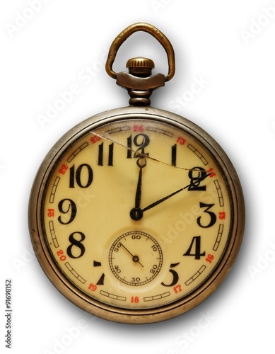 Old pocket watch, isolated on white background with soft shadow