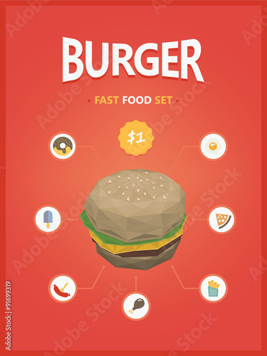 Burger fast foods set polygon style
