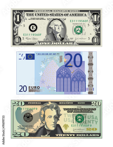 A detailed vector drawing of a 20 euros banknote and 2 us bills