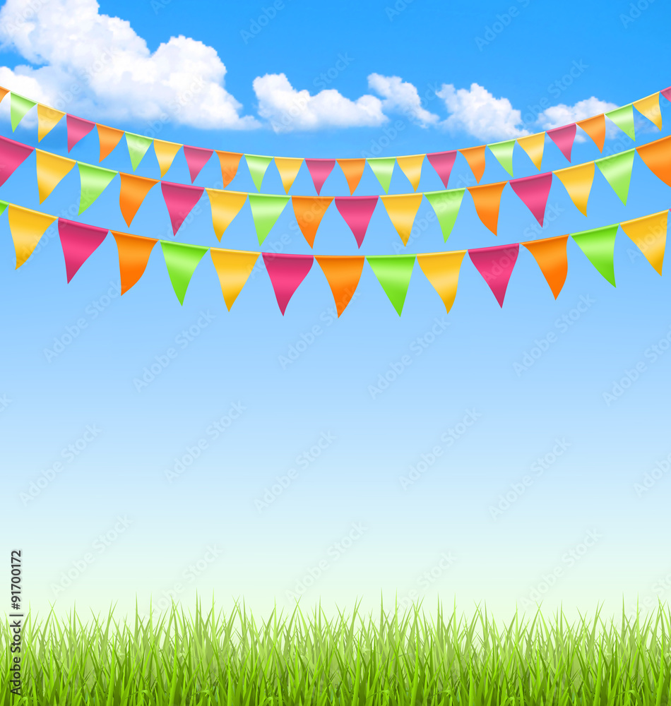 Green grass lawn with bright buntings clouds on blue sky