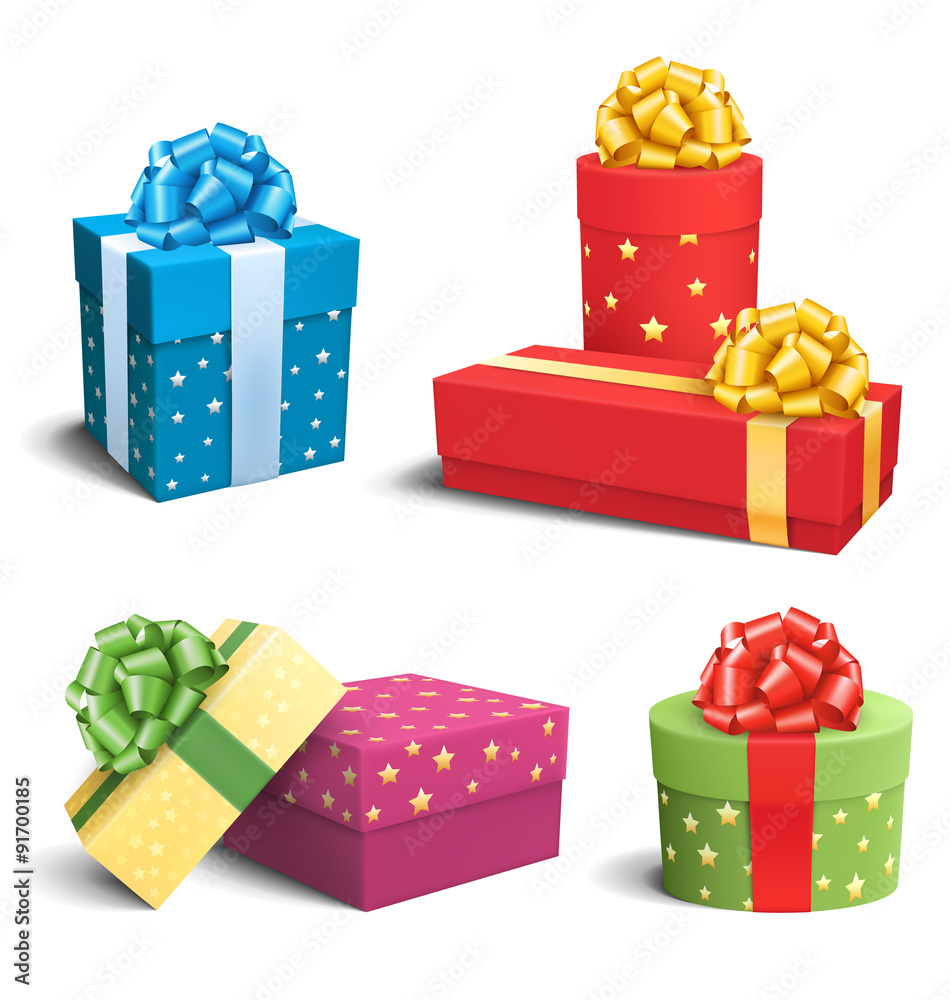 Obraz premium Set Collection of Colorful Celebration Gift Boxes with Bows Isol
