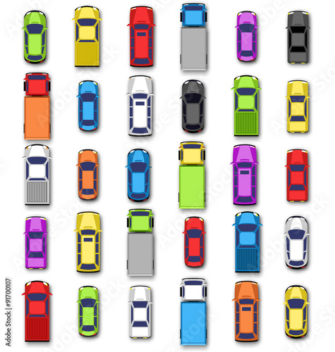 Multicolored car collection with shadow isolated on white backgr