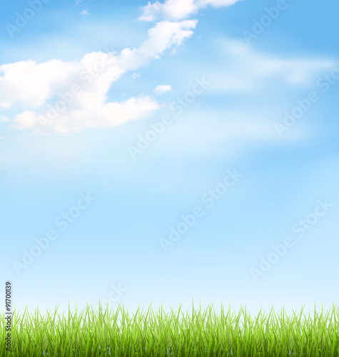 Green grass lawn with clouds on blue sky