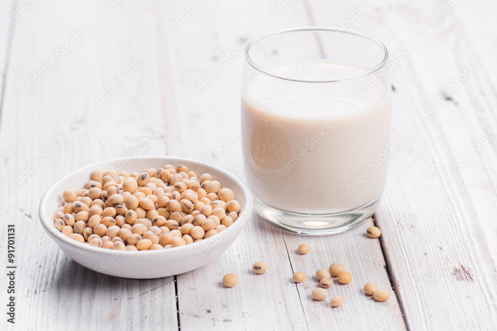 Soybeans and soy milk in a glass. Soybeans and soy milk in a glass.