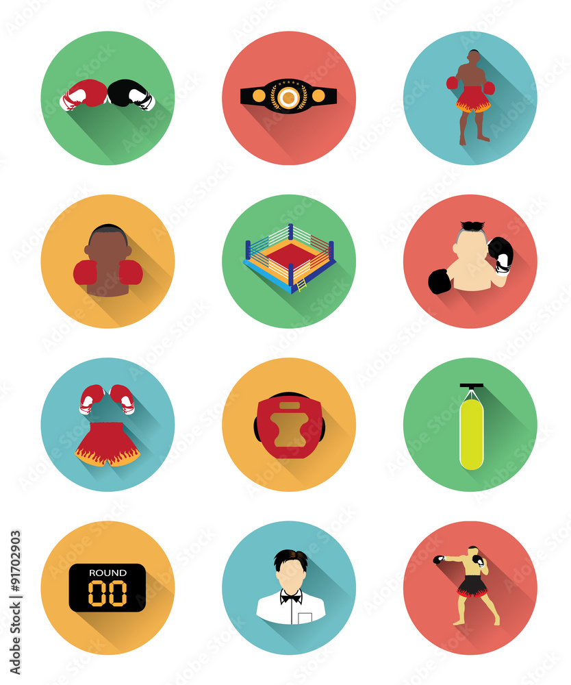 Modern flat boxing icons set with long shadow effect Modern flat boxing icons set with long shadow effect