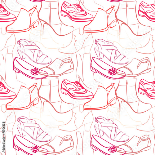 Vector seamless pattern of various women's shoes