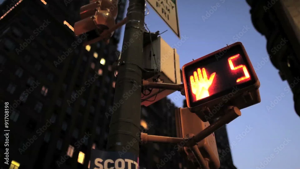 Pedestrian crossing countdown sign at an intersection in New York City.