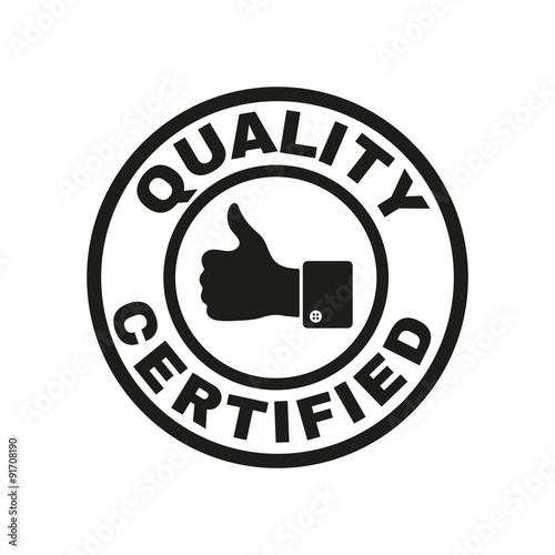 The certified quality and thumbs up icon.  Approval, approbation, certification, accepted symbol. Flat