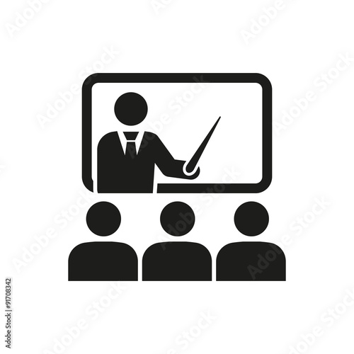 The training icon. Teacher and learner, classroom, presentation, conference, lesson, seminar, education symbol. Flat