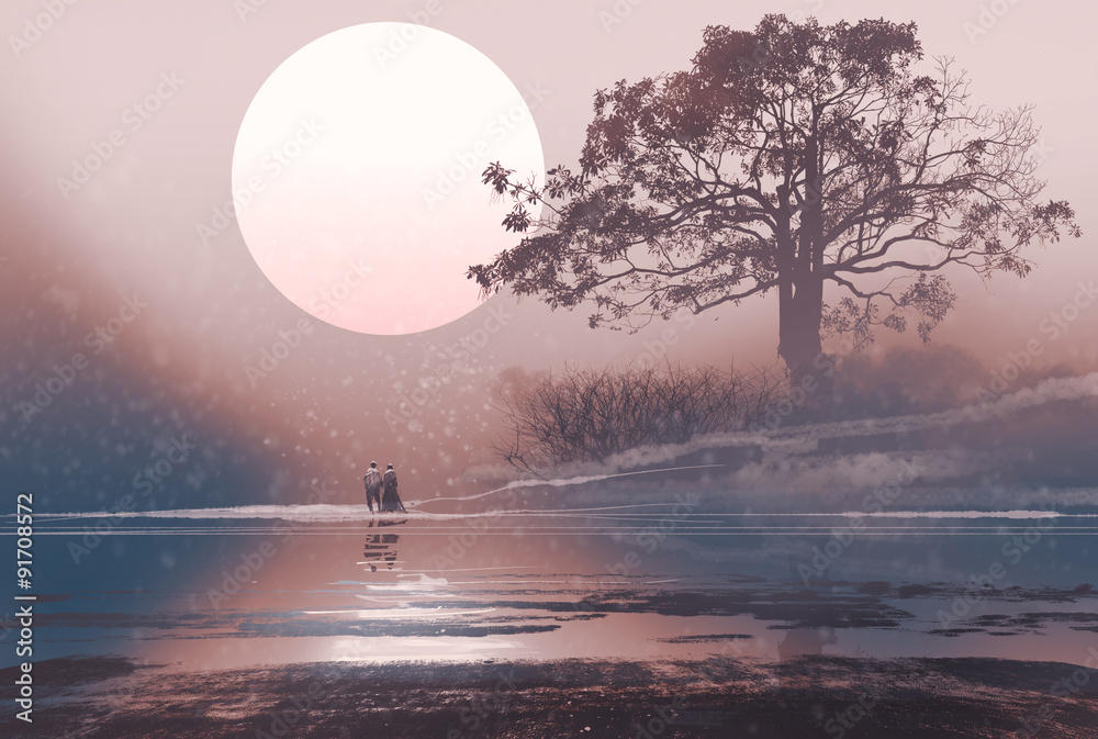 Fototapeta premium love couple in winter landscape with huge moon above,illustration painting